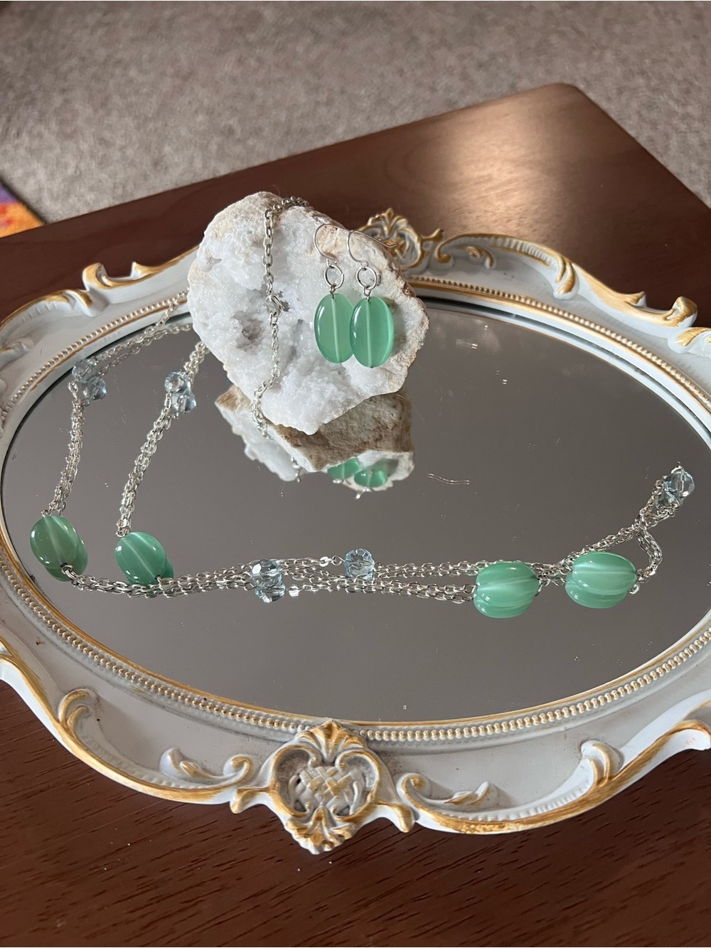 Oval Green Gemstone Necklace & Earrings Set